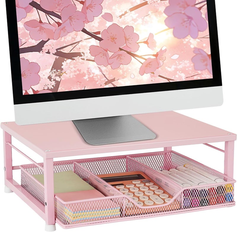 Gugsey Small Pink Laptop Stand for Desk, Monitor Stand, Office Desk Accessories, Computer Desktop Stand with Drawer for Home, Office, School (Pink) - Image 1